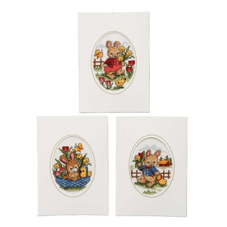 Tre kort med söta harar